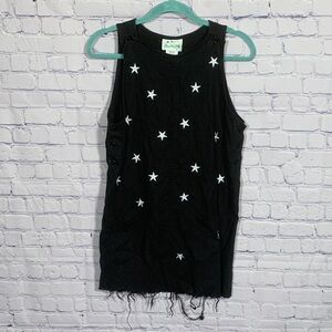 The Quaker Factory Womens VTG Linen Blend Cut Off Overall Dress Black Stars Sz M